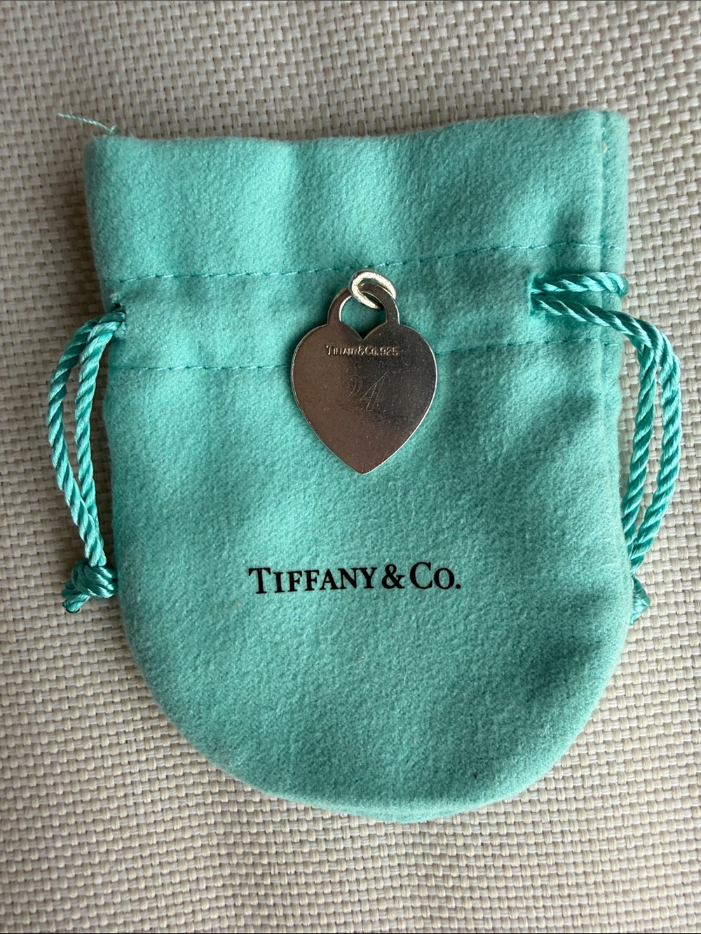 Tiffany & Co. hanging heart tag charm 1” engraved P & G 24 925 sterling silver